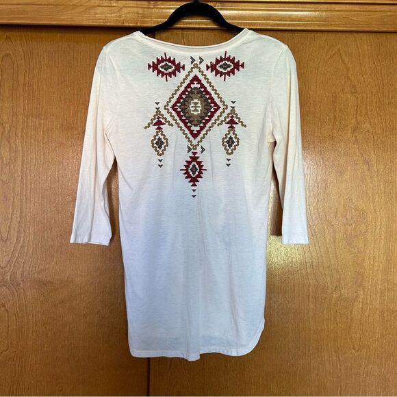 Johnny Was JW Los Angeles Cream Aztec Embroidered 3/4 Sleeve Tee Size Small - Picture 9 of 12
